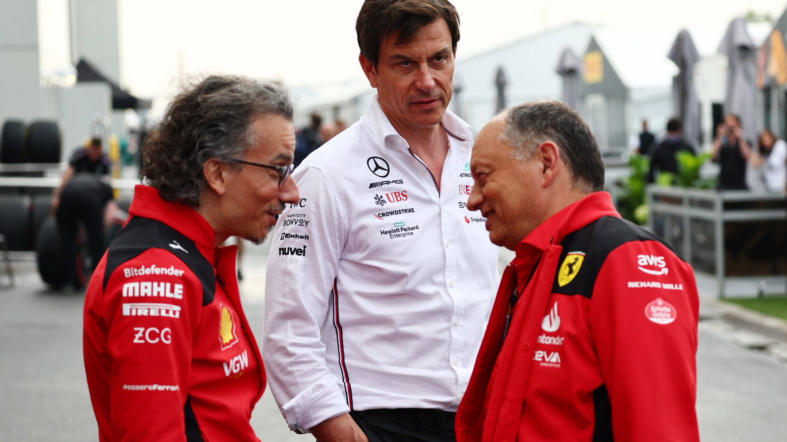 (L to R): Laurent Mekies (FRA) Ferrari Sporting Director with Toto Wolff (GER) Mercedes AMG F1 Shareholder and Executive