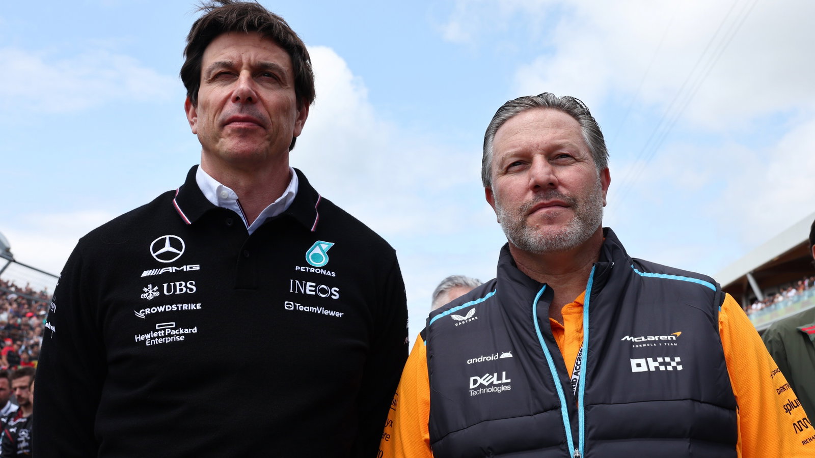 (L to R): Toto Wolff (GER) Mercedes AMG F1 Shareholder and Executive Director with Zak Brown (USA) McLaren Executive