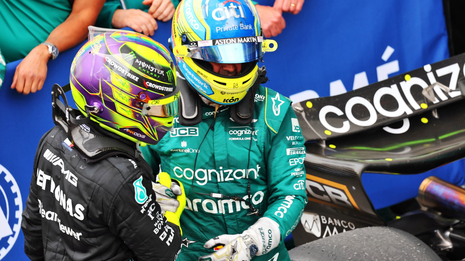 (L to R): Third placed Lewis Hamilton (GBR) Mercedes AMG F1 with second placed Fernando Alonso (ESP) Aston Martin F1 Team in