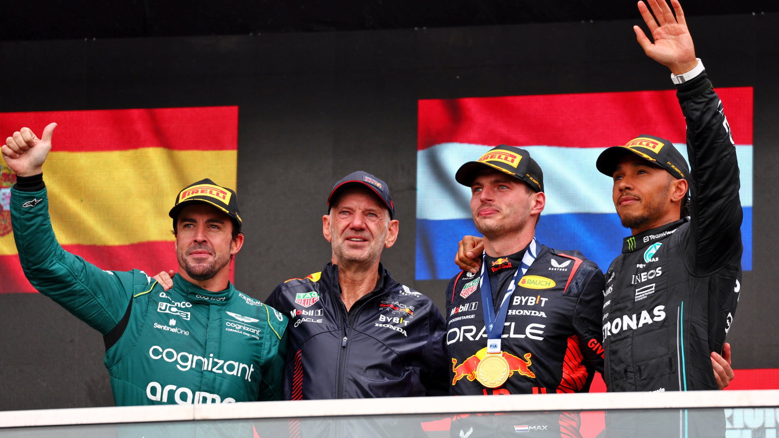 The podium (L to R): Fernando Alonso (ESP) Aston Martin F1 Team, second; Adrian Newey (GBR) Red Bull Racing Chief Technical