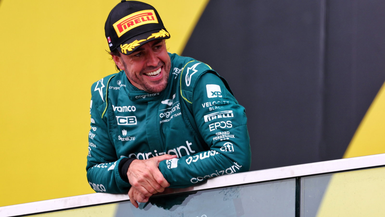 Fernando Alonso (ESP) Aston Martin F1 Team celebrates his second position on the podium. Formula 1 World Championship, Rd