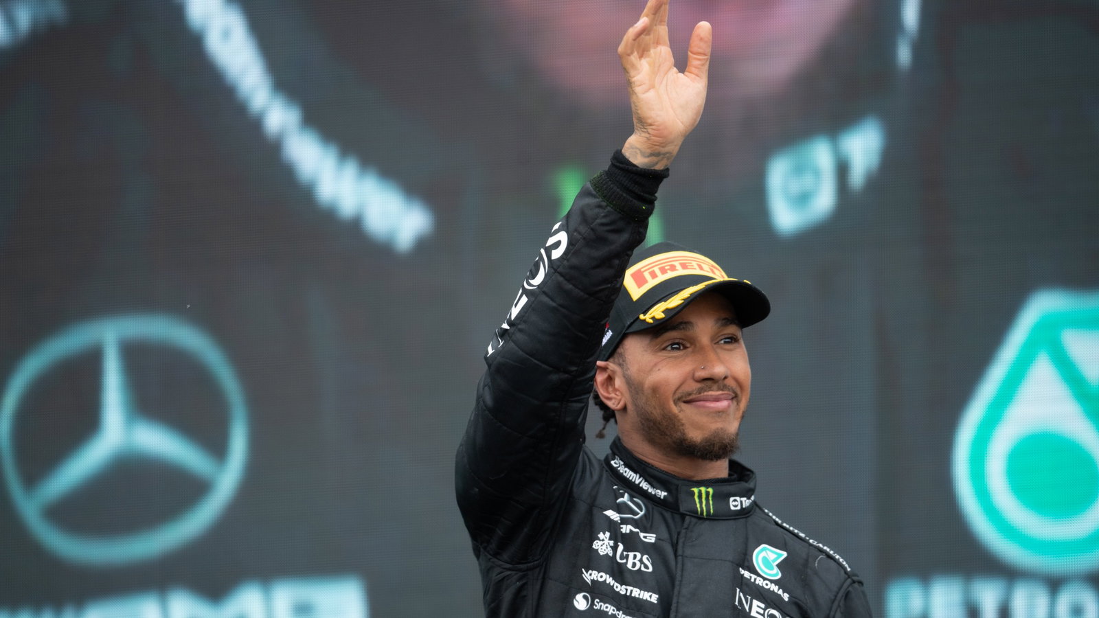 Lewis Hamilton (GBR) Mercedes AMG F1 celebrates his third position on the podium. Formula 1 World Championship, Rd 9,