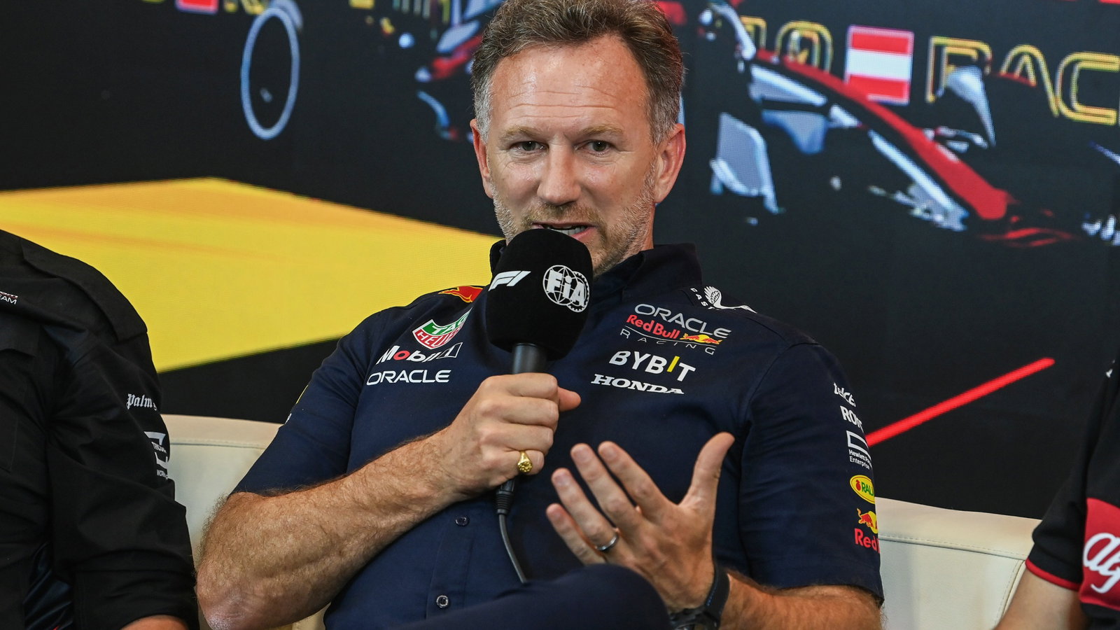 Christian Horner (GBR) Red Bull Racing Team Principal in the FIA Press Conference. Formula 1 World Championship, Rd 10,