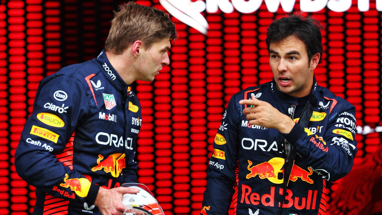 (L to R): Max Verstappen (NLD) Red Bull Racing with team mate Sergio Perez (MEX) Red Bull Racing in Sprint parc ferme.
