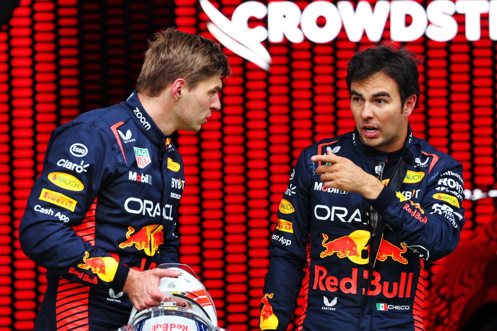 (L to R): Max Verstappen (NLD) Red Bull Racing with team mate Sergio Perez (MEX) Red Bull Racing in Sprint parc ferme.
