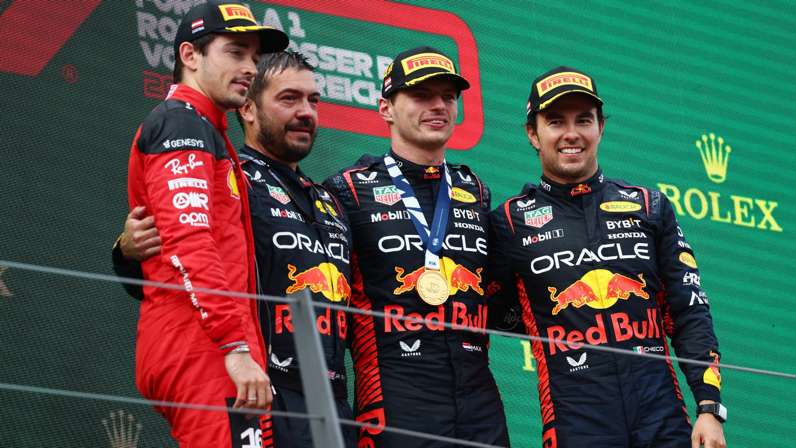 2nd place Charles Leclerc (MON) Ferrari F1-23 with Phil Turner (GBR) Red Bull Racing Chief Mechanic