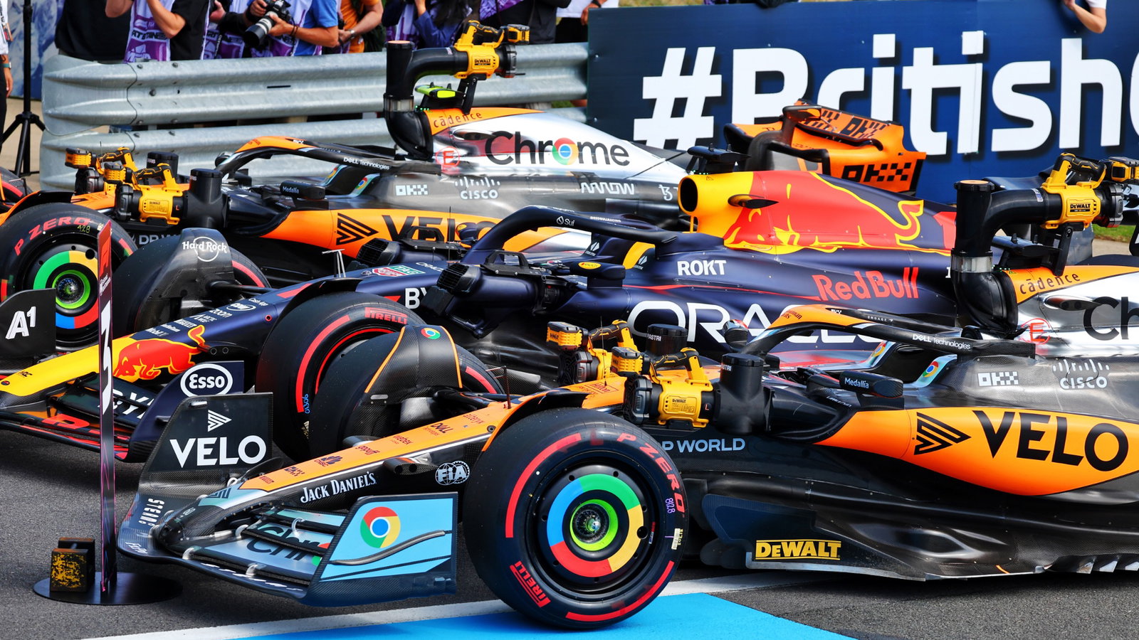 Top three cars in qualifying parc ferme: Lando Norris (GBR) McLaren MCL60; Max Verstappen (NLD) Red Bull Racing RB19; Oscar
