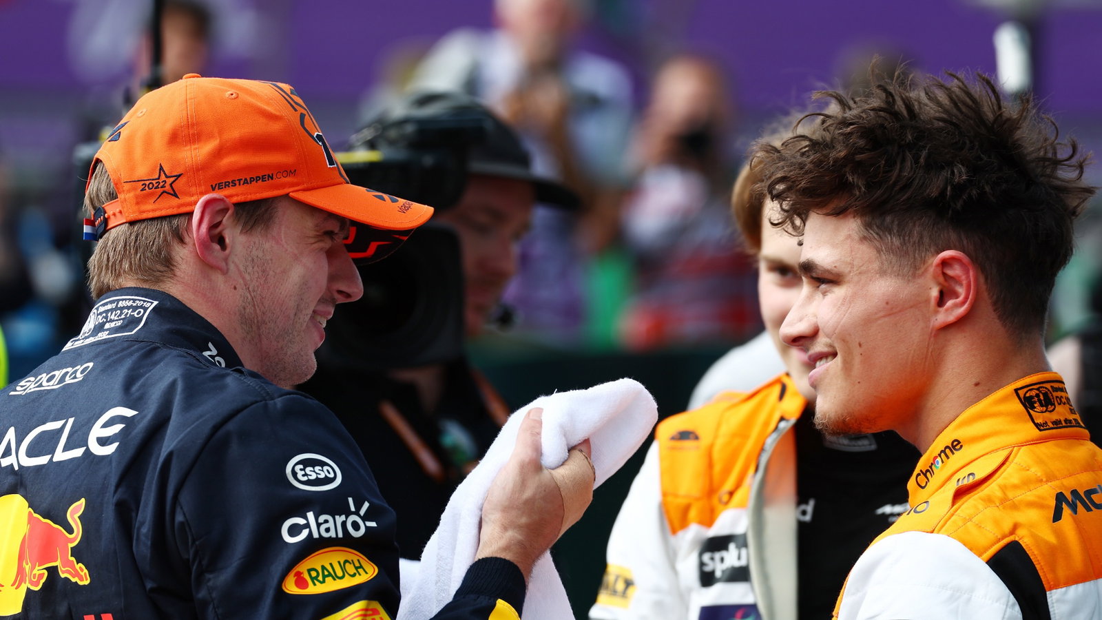 (L to R): Pole sitter Max Verstappen (NLD) Red Bull Racing in qualifying parc ferme with second placed Lando Norris (GBR)
