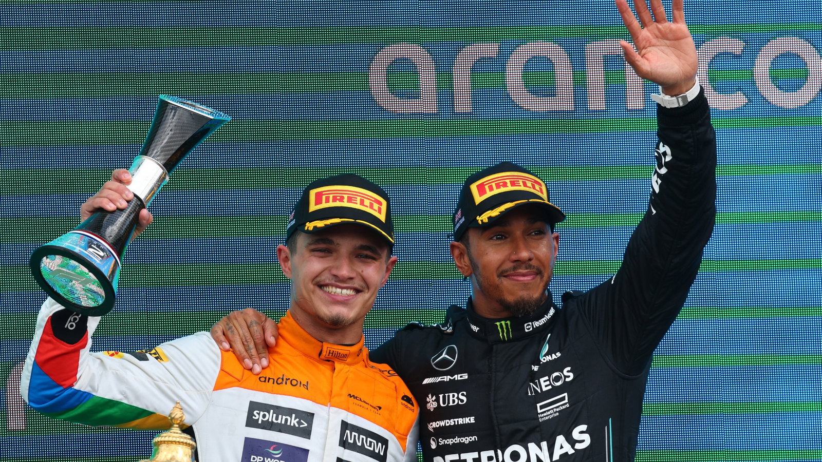 Lando Norris (GBR) McLaren and Lewis Hamilton (GBR) Mercedes AMG F1. Formula 1 World Championship, Rd 11, British Grand