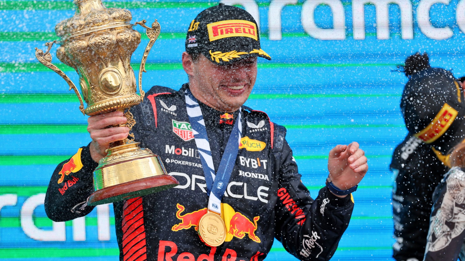 Race winner Max Verstappen (NLD) Red Bull Racing on the podium. Formula 1 World Championship, Rd 11, British Grand Prix,
