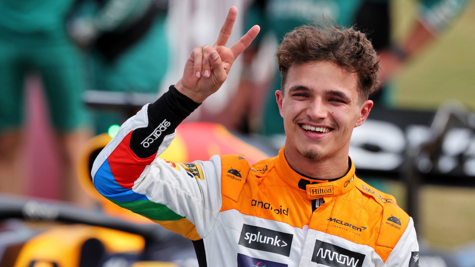 Lando Norris (GBR) McLaren celebrates his second position in parc ferme. Formula 1 World Championship, Rd 11, British