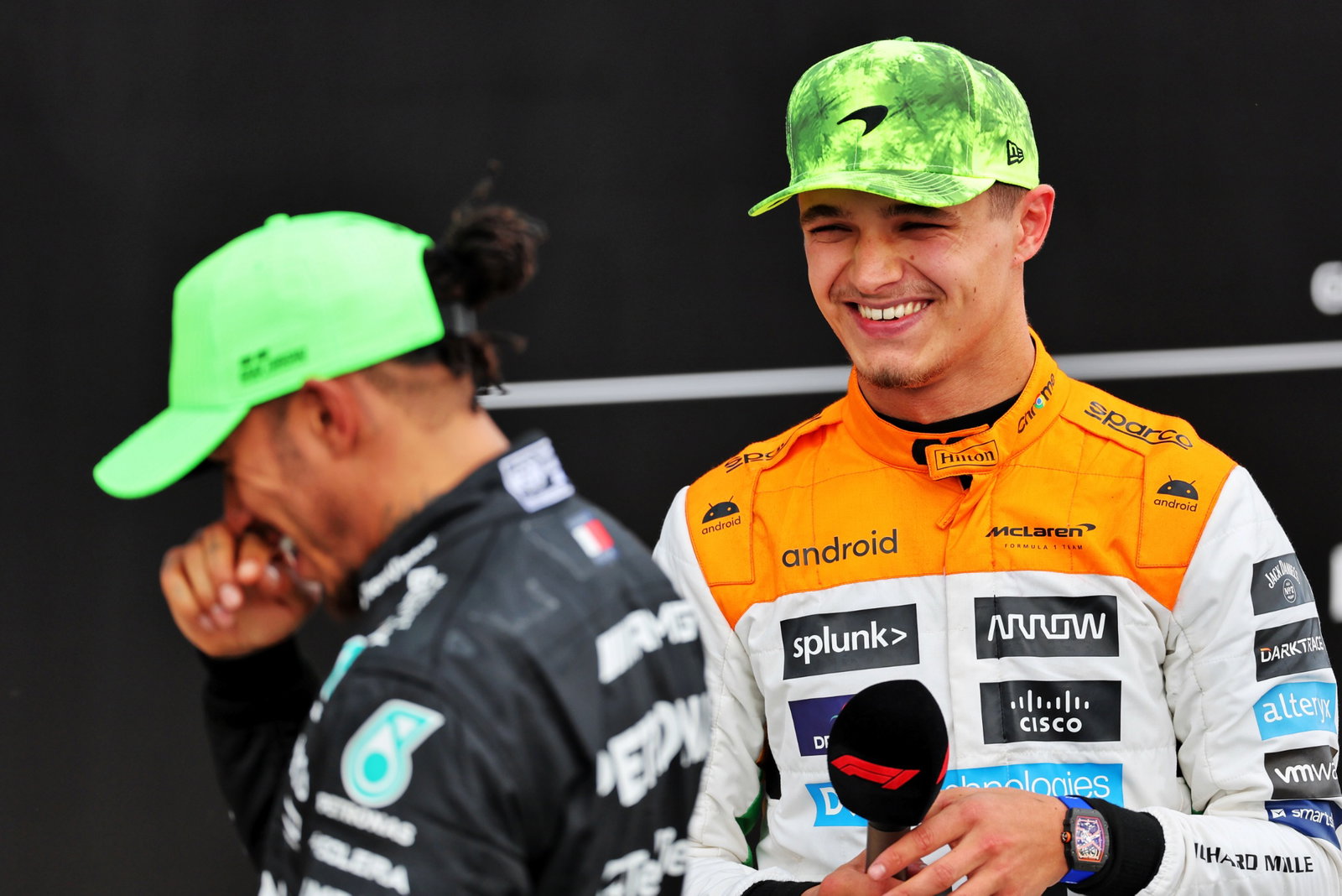 Lando Norris (GBR) McLaren in parc ferme with Lewis Hamilton (GBR) Mercedes AMG F1. Formula 1 World Championship, Rd 11,