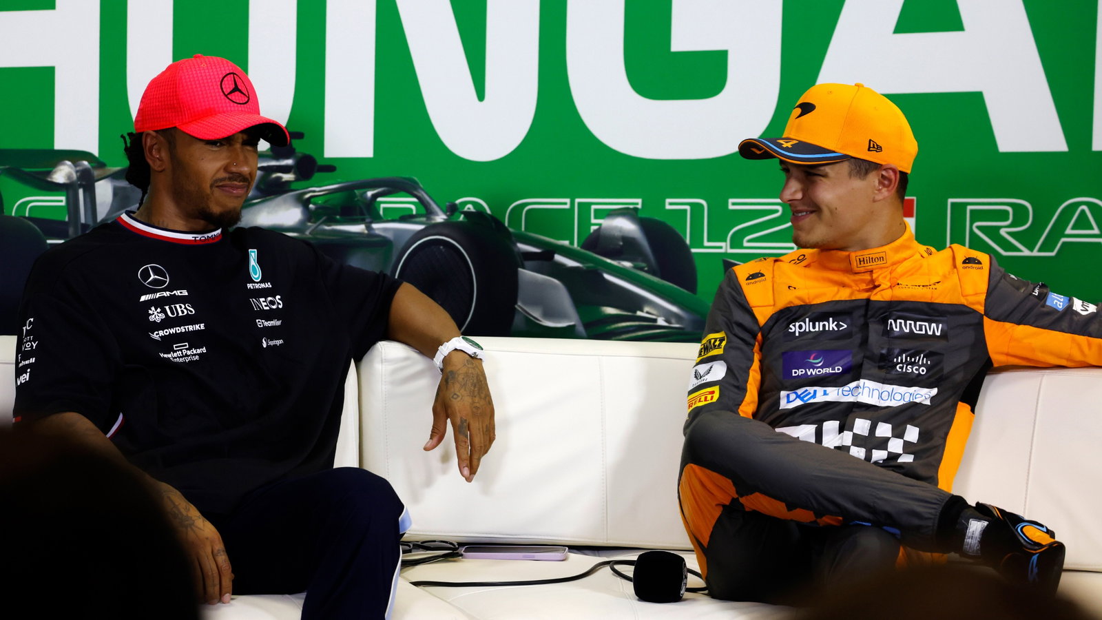 (L to R): Lewis Hamilton (GBR) Mercedes AMG F1 and Lando Norris (GBR) McLaren in the post qualifying FIA Press Conference.
