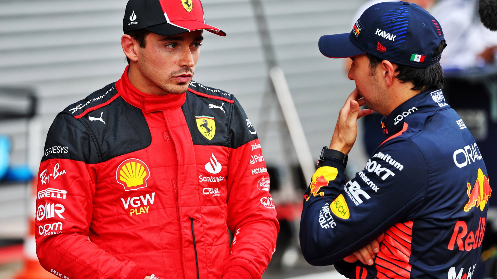 (L to R): Charles Leclerc (MON) Ferrari with Sergio Perez (MEX) Red Bull Racing in qualifying parc ferme. Formula 1 World