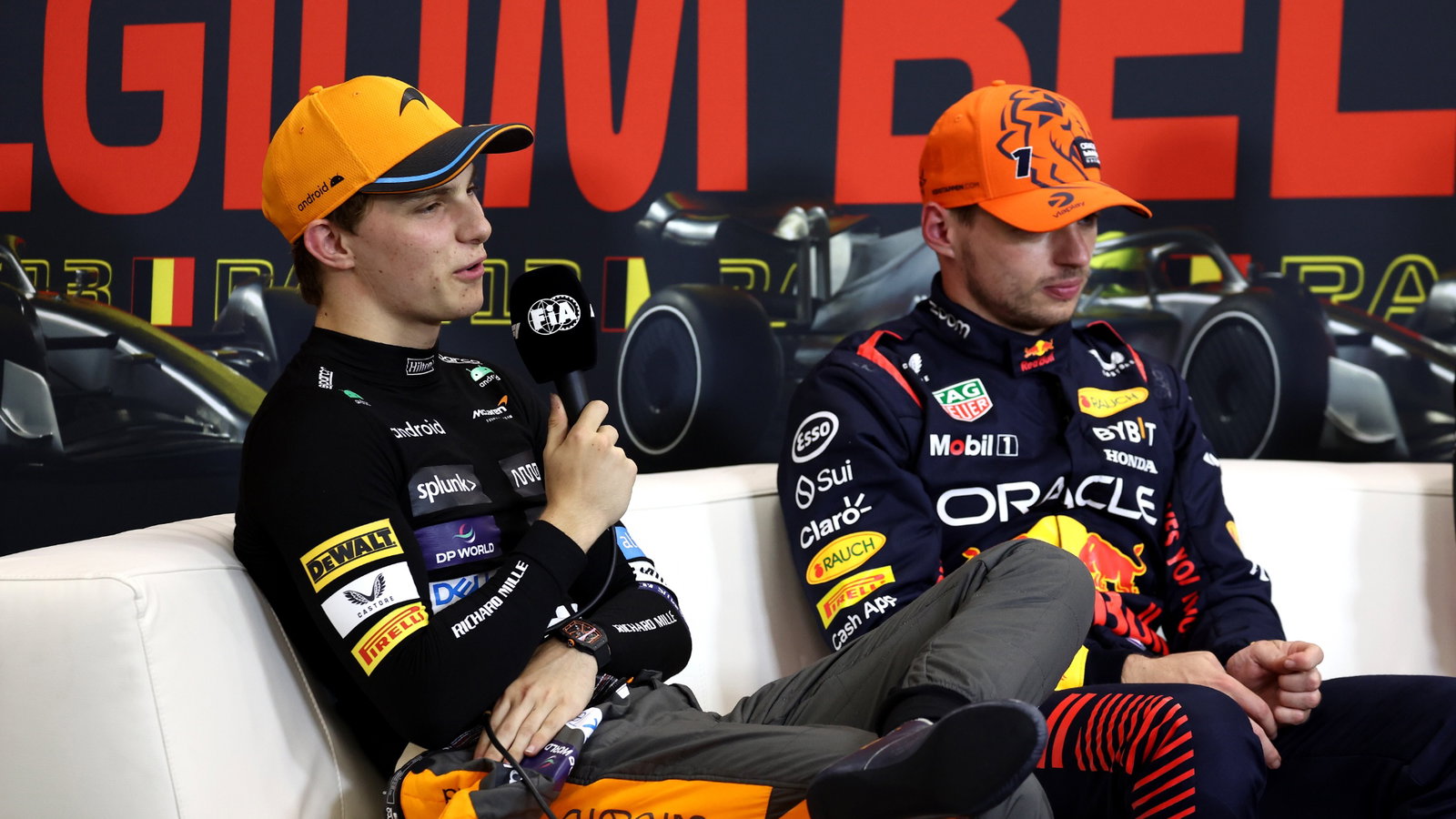(L to R): Oscar Piastri (AUS) McLaren and Max Verstappen (NLD) Red Bull Racing in the post Sprint FIA Press Conference.
