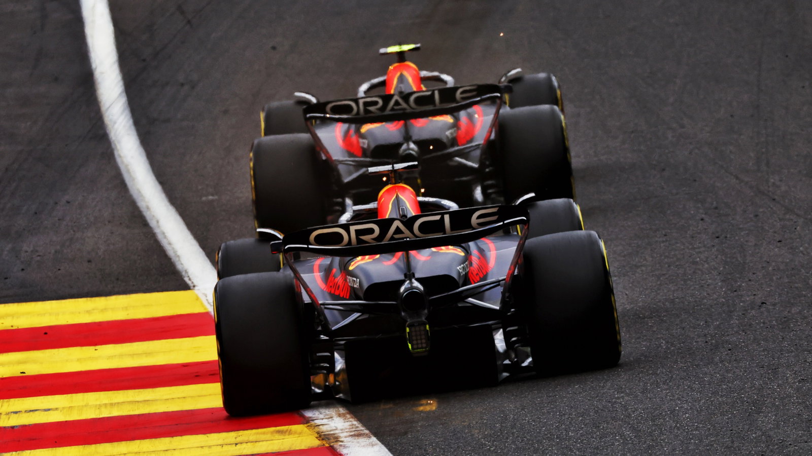 Sergio Perez (MEX) Red Bull Racing RB19 leads team mate Max Verstappen (NLD) Red Bull Racing RB19. Formula 1 World