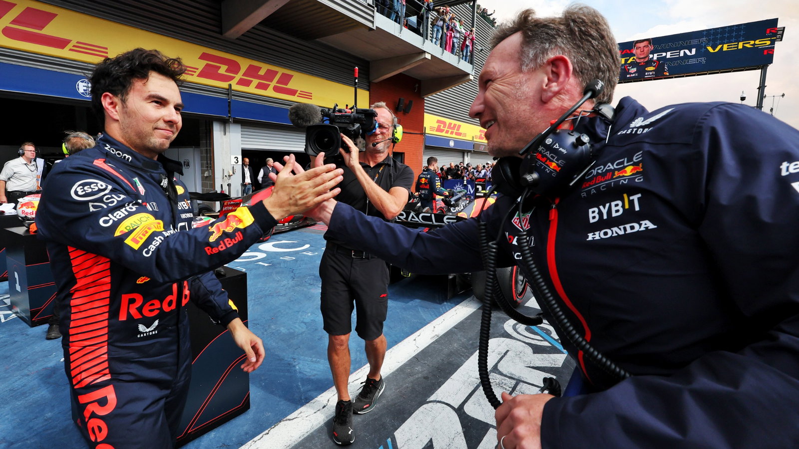 (L to R): Sergio Perez (MEX) Red =