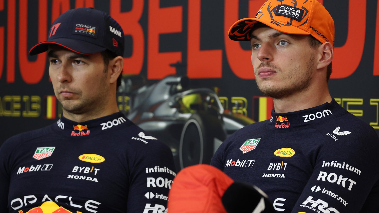(L to R): Sergio Perez (MEX) Red Bull Racing and Max Verstappen (NLD) Red Bull Racing in the post race FIA Press