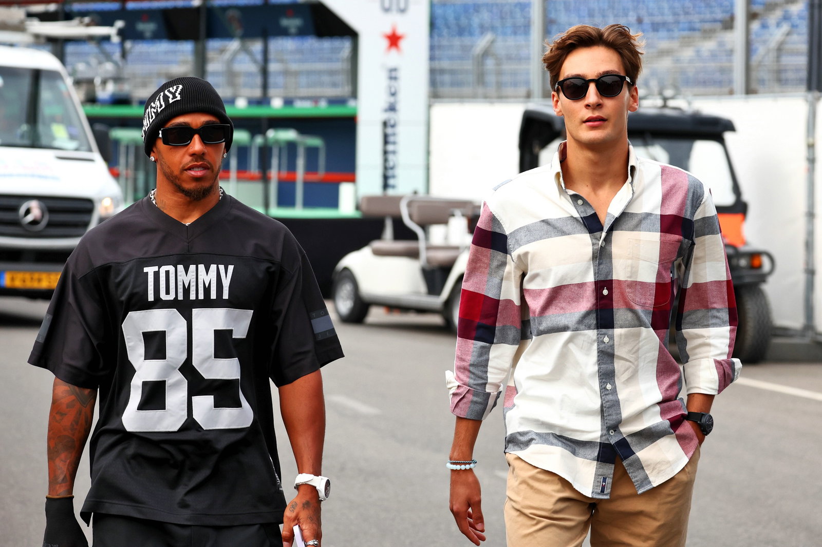 (L to R): Lewis Hamilton (GBR) Mercedes AMG F1 with team mate George Russell (GBR) Mercedes AMG F1. Formula 1 World