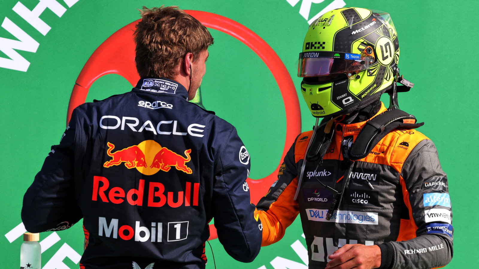 (L to R): Pole sitter Max Verstappen (NLD) Red Bull Racing in qualifying parc ferme with second placed Lando Norris (GBR)