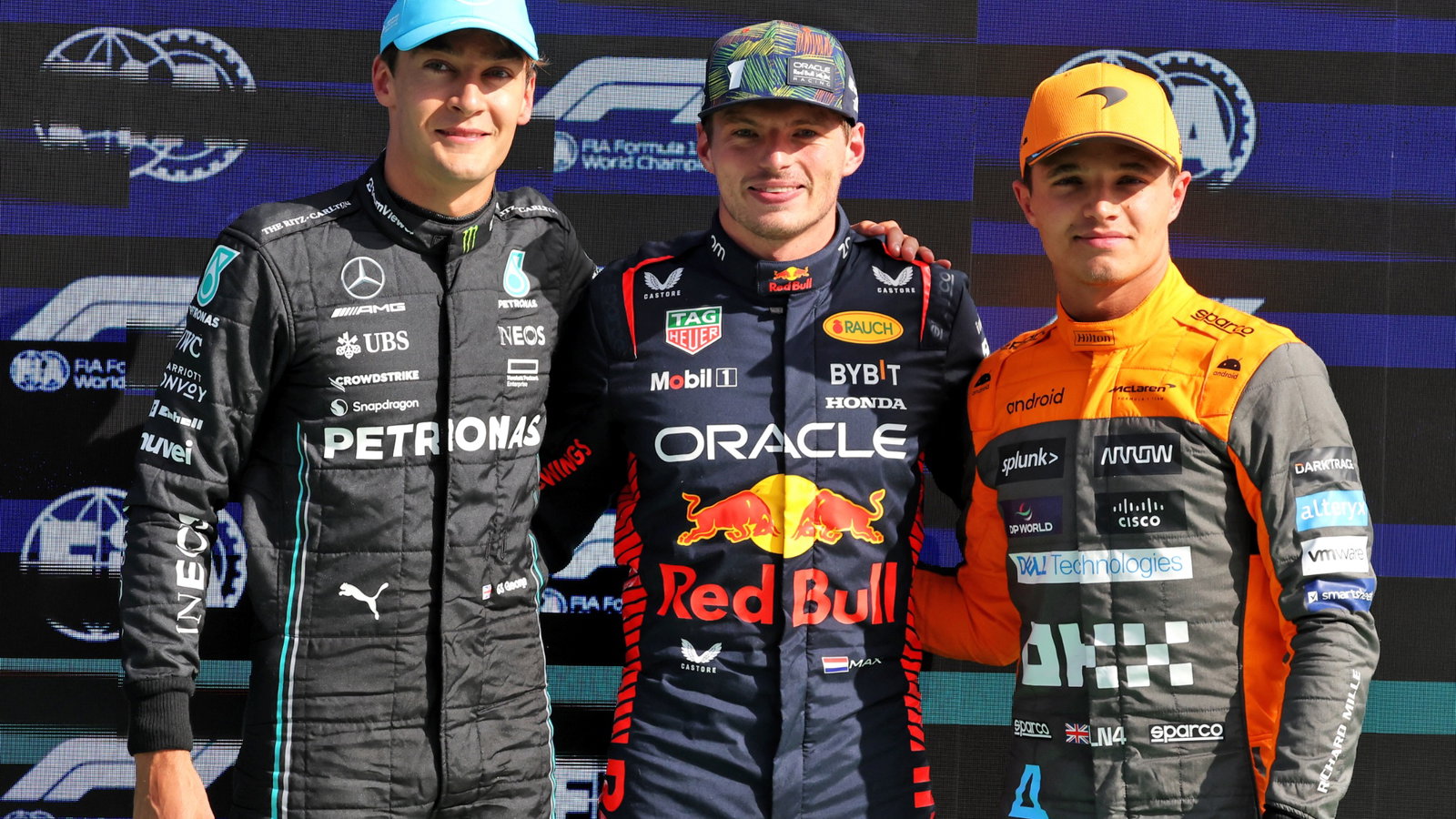 Qualifying top three in parc ferme (L to R): George Russell (GBR) Mercedes AMG F1, third; Max Verstappen (NLD) Red Bull