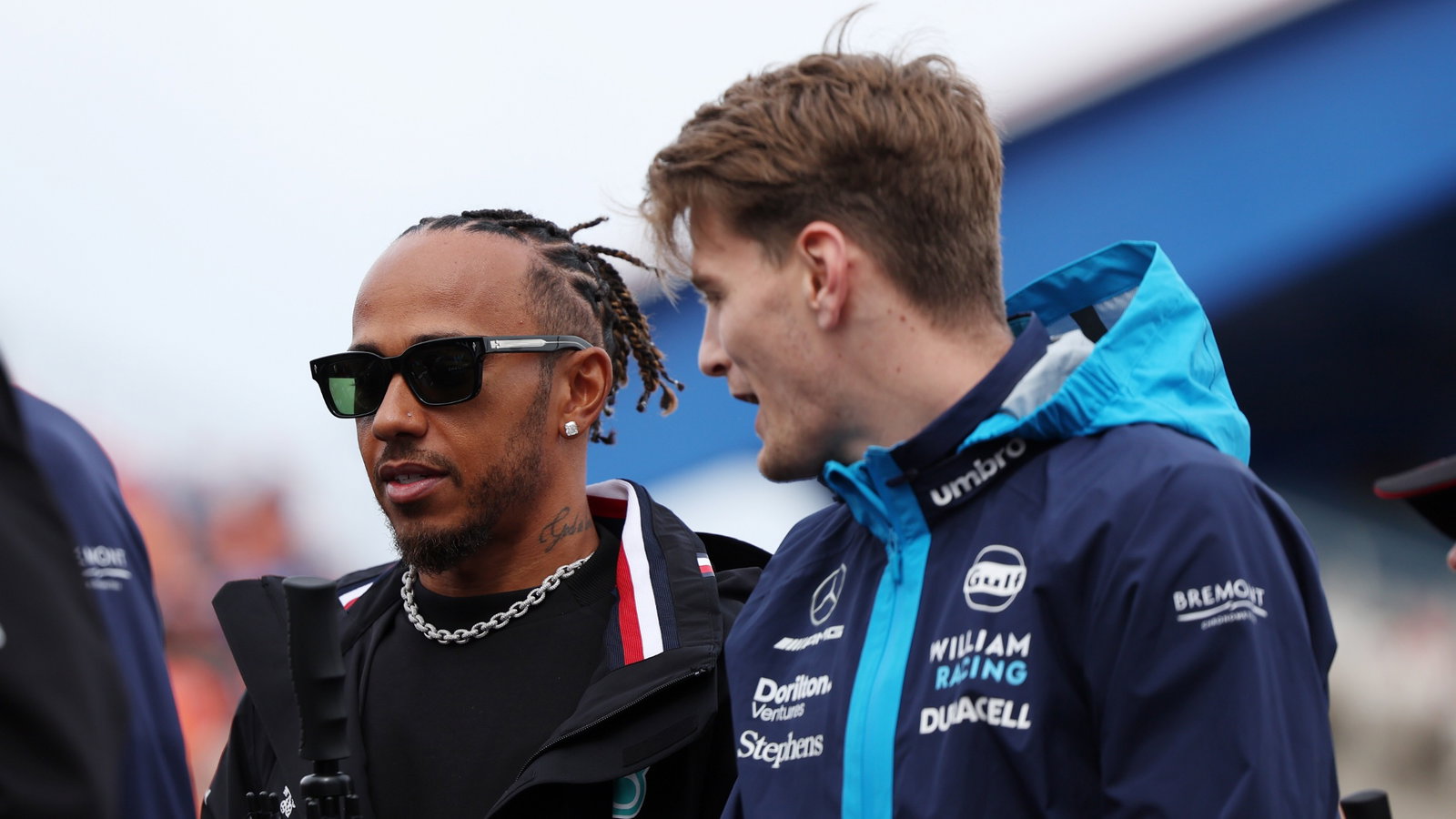 (L to R): Lewis Hamilton (GBR) Mercedes AMG F1 with Logan Sargeant (USA) Williams Racing on the drivers' parade. Formula 1