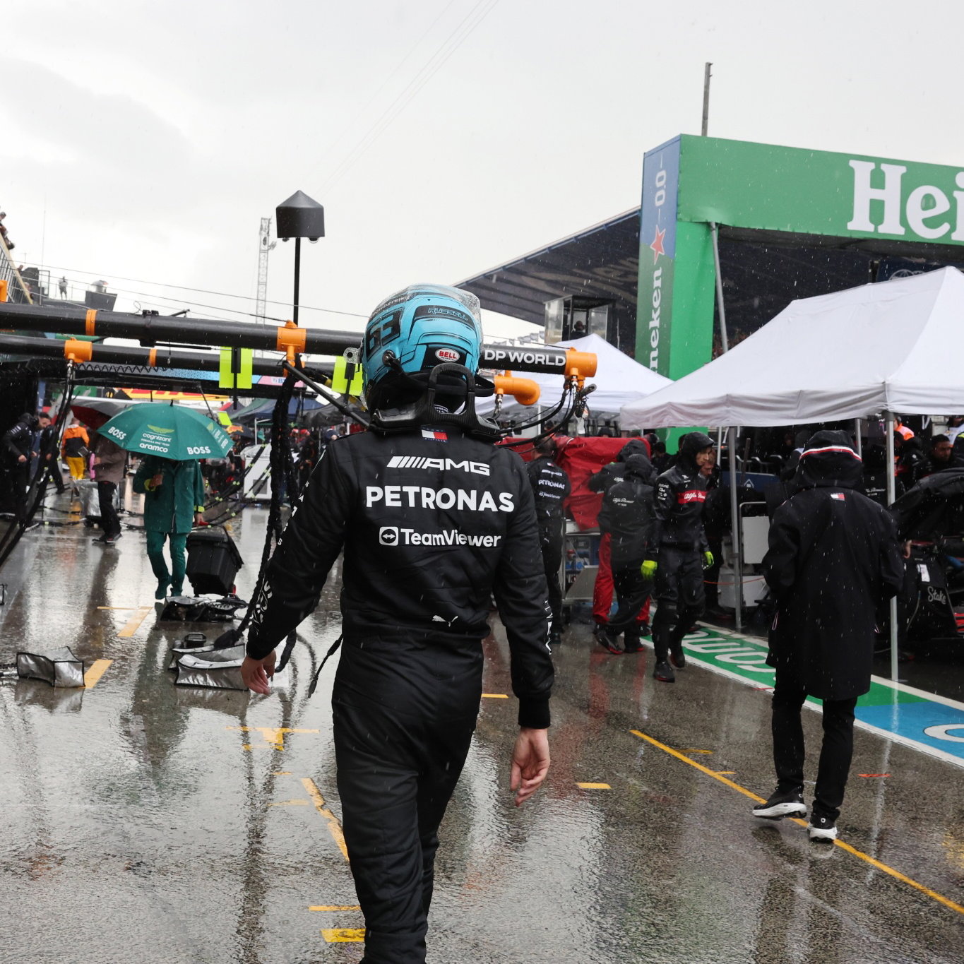 George Russell (GBR) Mercedes AMG F1 in the pits as the race is stopped. Formula 1 World Championship, Rd 14, Dutch Grand