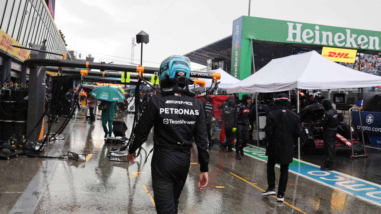 George Russell (GBR) Mercedes AMG F1 in the pits as the race is stopped. Formula 1 World Championship, Rd 14, Dutch Grand