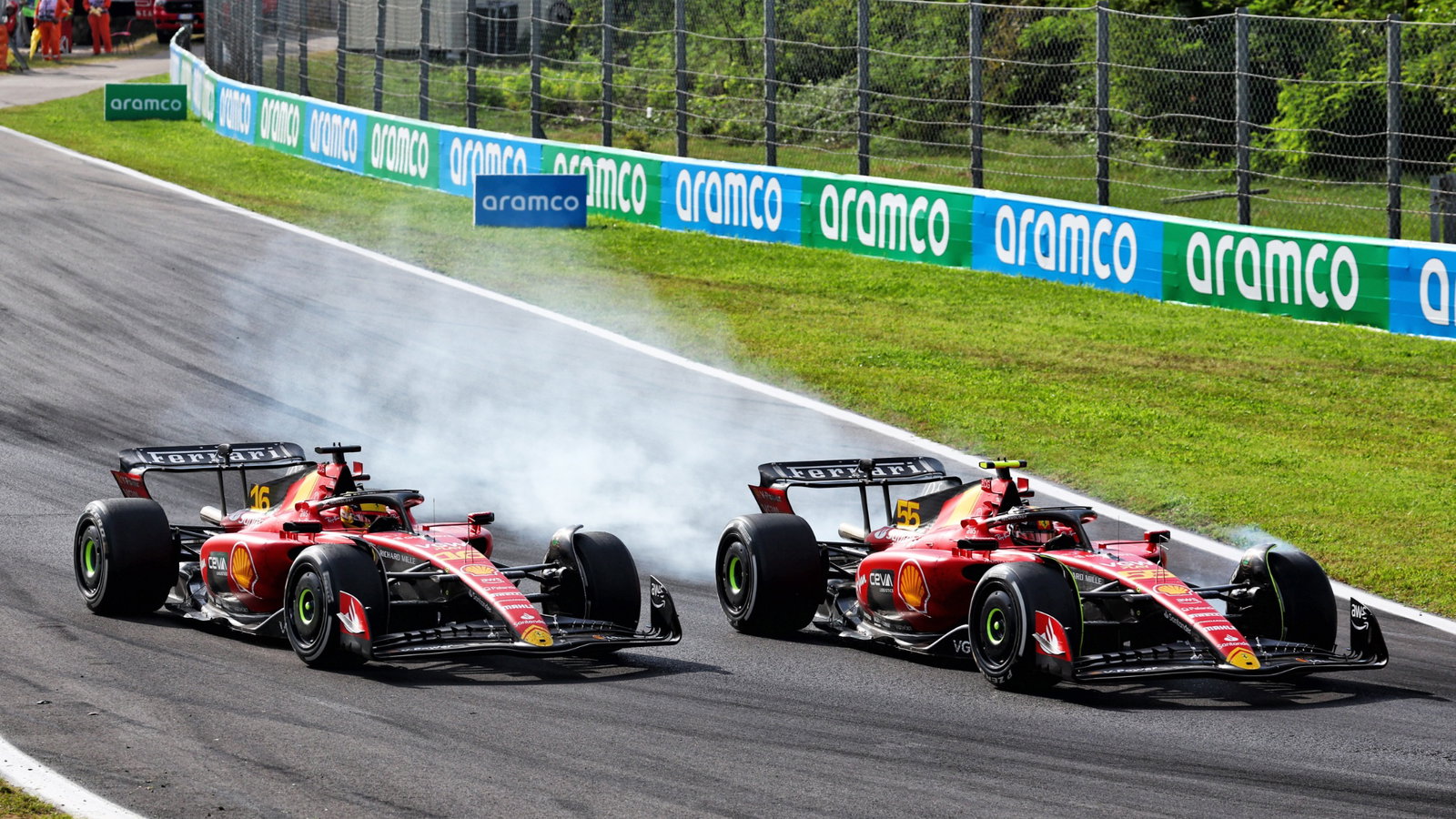 Charles Leclerc (MON) Ferrari SF-23 and team mate Carlos Sainz Jr (ESP) Ferrari SF-23 battle for position. Formula 1 World