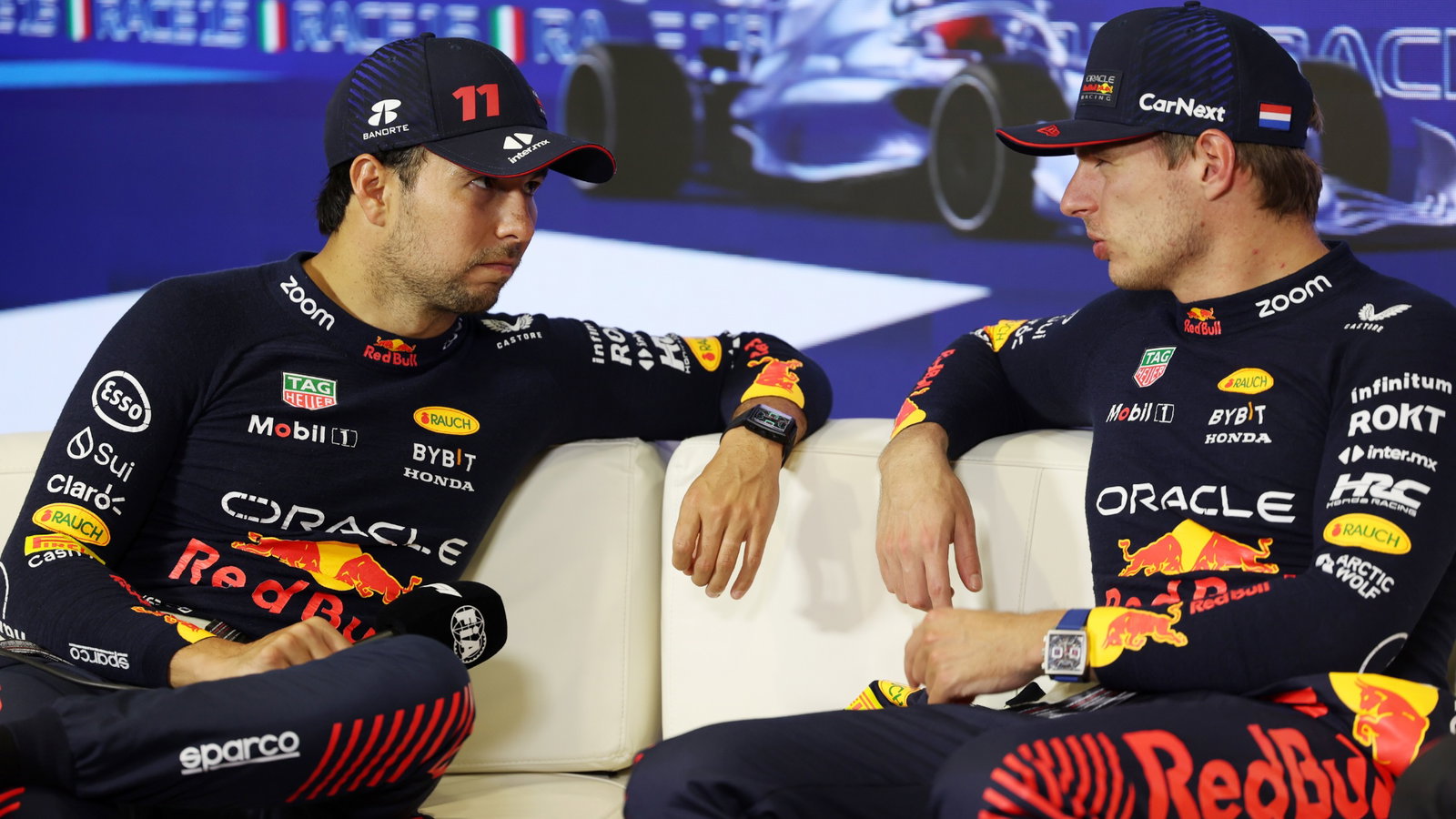 (L to R): Sergio Perez (MEX) Red Bull Racing and Max Verstappen (NLD) Red Bull Racing, in the post race FIA Press