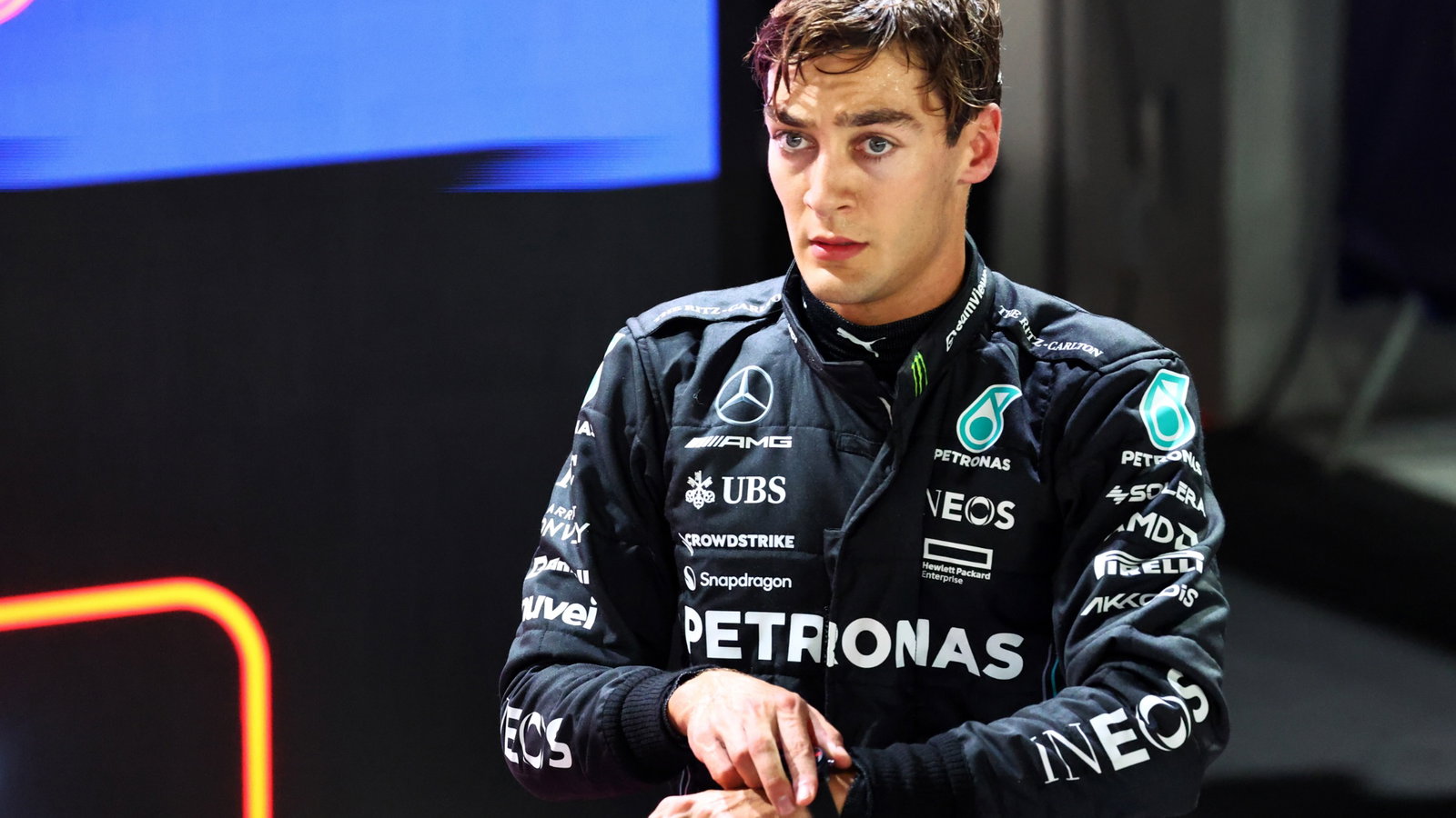 George Russell (GBR) Mercedes AMG F1 in qualifying parc ferme. Formula 1 World Championship, Rd 16, Singapore Grand Prix,