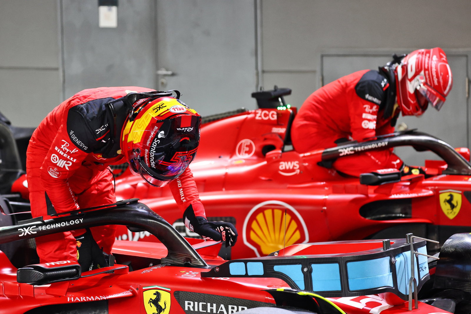 Pole sitter Carlos Sainz Jr (ESP) Ferrari and team mate Charles Leclerc (MON) Ferrari in qualifying parc ferme. Formula 1