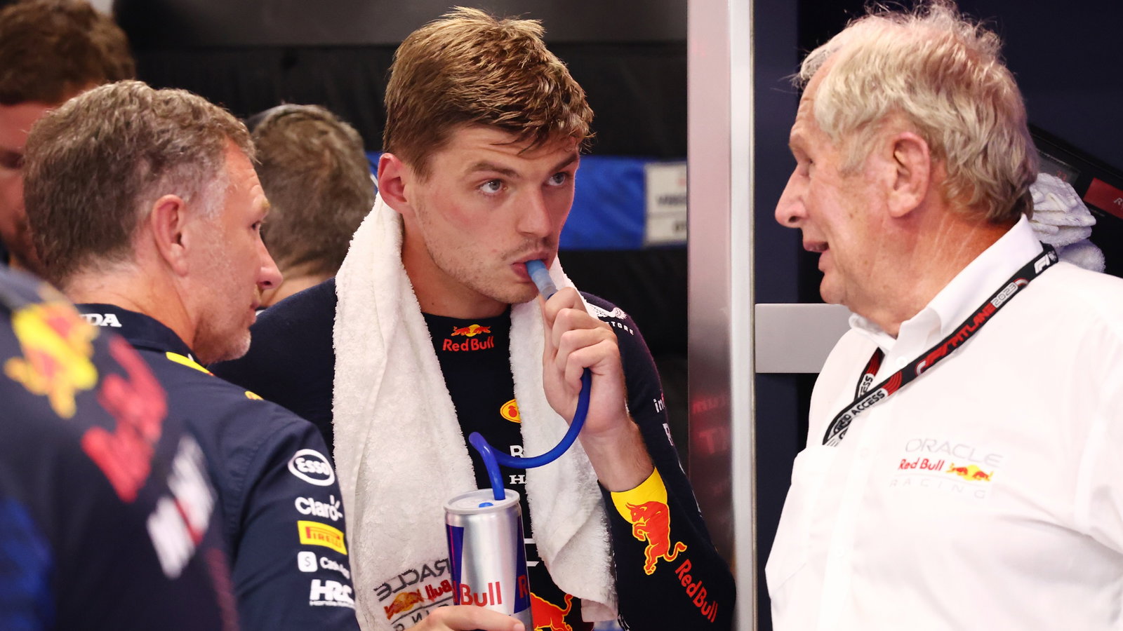 Max Verstappen (NLD) Red Bull Racing with Christian Horner (GBR) Red Bull Racing Team Principal and Dr Helmut Marko (AUT)