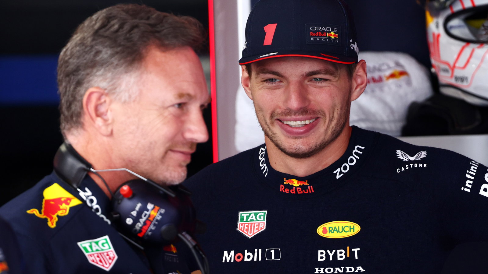 Max Verstappen (NLD) Red Bull Racing (Centre) with Christian Horner (GBR) Red Bull Racing Team Principal (Left). Formula 1