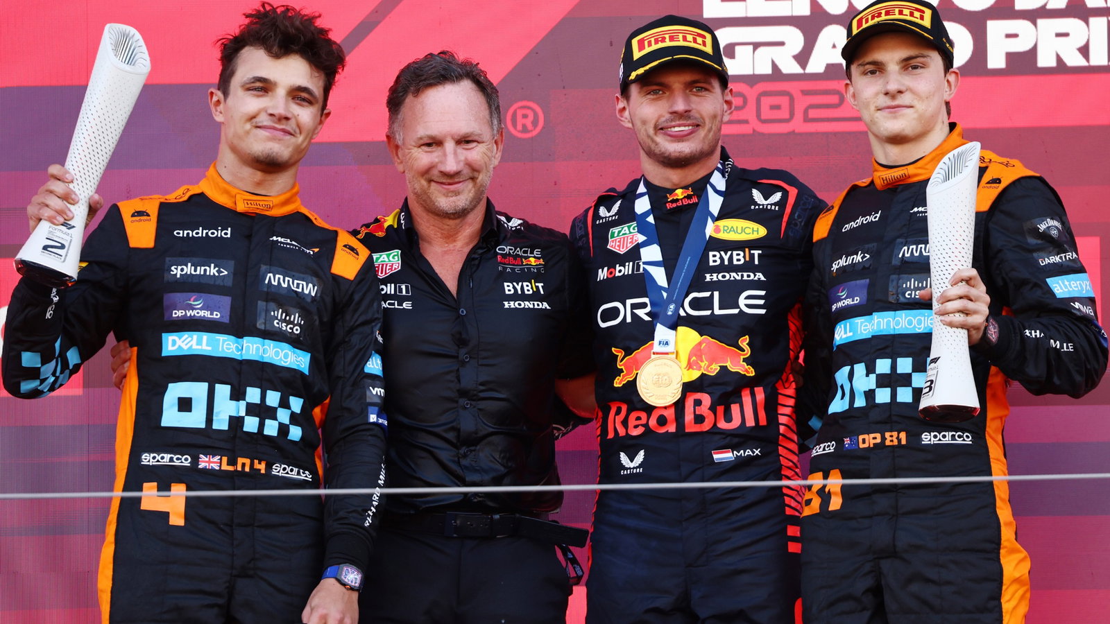 1st place Max Verstappen (NLD) Red Bull Racing RB19, 2nd place Lando Norris (GBR) McLaren, 3rd place Oscar Piastri (AUS)