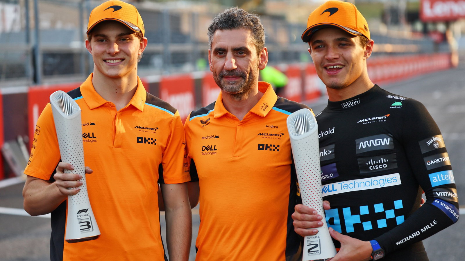 (L to R): Oscar Piastri (AUS) McLaren celebrates his third position with Andrea Stella (ITA) McLaren Team Principal and