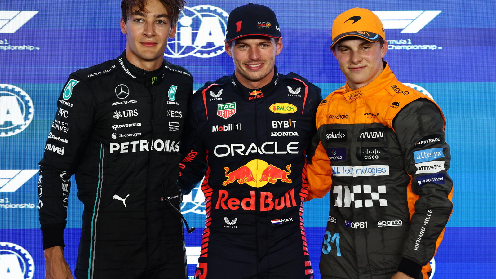 Pole position for Max Verstappen (NLD) Red Bull Racing, 2nd for George Russell (GBR) Mercedes AMG F1 and 3rd for Oscar