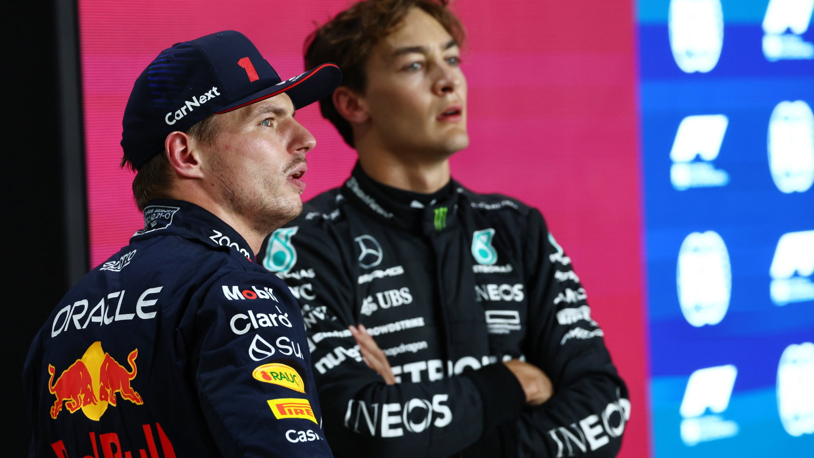 (L to R): Pole sitter Max Verstappen (NLD) Red Bull Racing with George Russell (GBR) Mercedes AMG F1 in qualifying parc