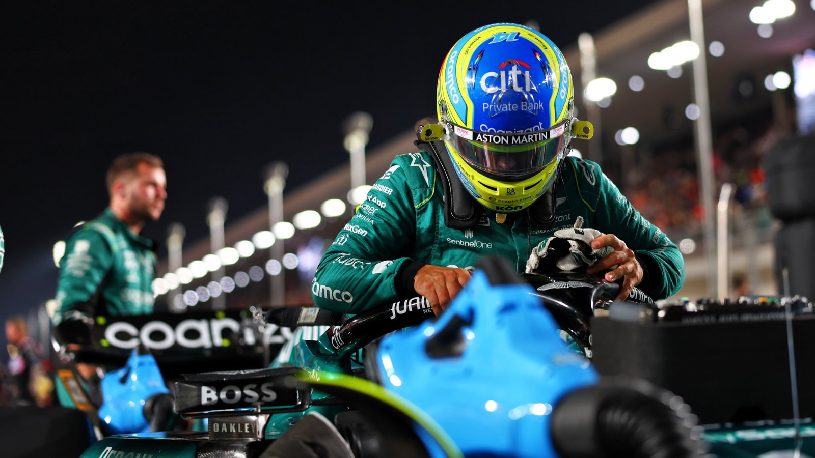 Fernando Alonso (ESP) Aston Martin F1 Team AMR23 on the grid. Formula 1 World Championship, Rd 18, Qatar Grand Prix, Doha,