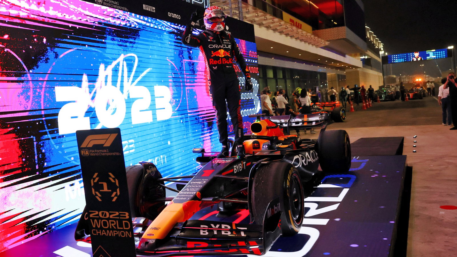 Max Verstappen (NLD) Red Bull Racing RB19 celebrates winning his third World Championship in Sprint parc ferme. Formula 1