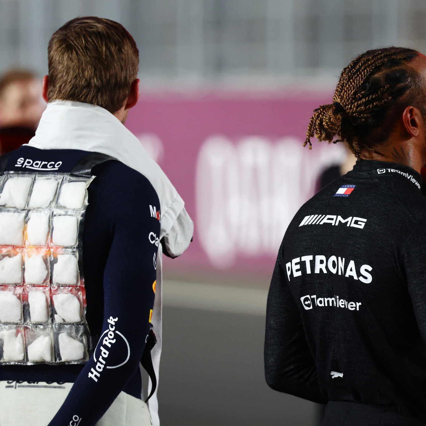(L to R): Max Verstappen (NLD) Red Bull Racing with Lewis Hamilton (GBR) Mercedes AMG F1 on the drivers' parade. Formula 1