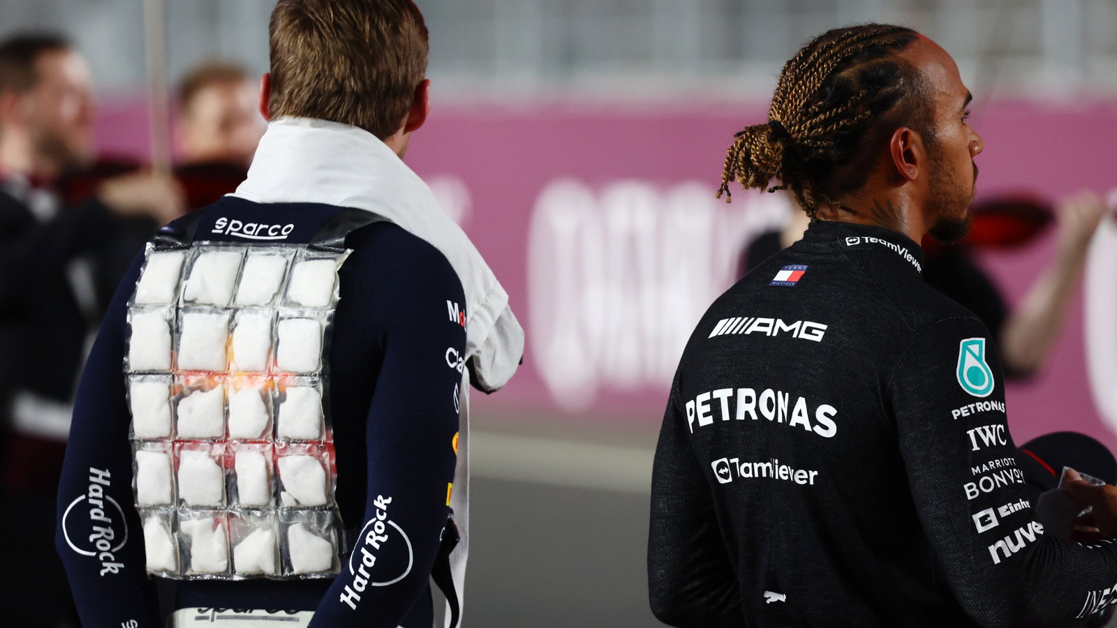 (L to R): Max Verstappen (NLD) Red Bull Racing with Lewis Hamilton (GBR) Mercedes AMG F1 on the drivers' parade. Formula 1
