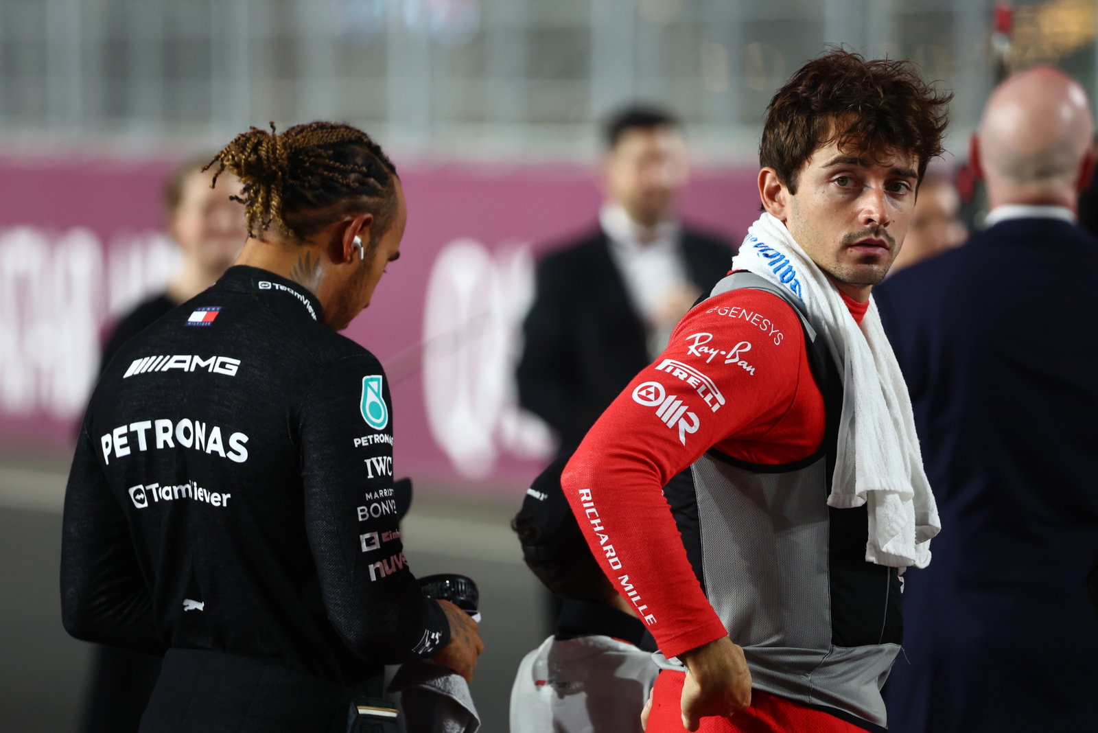 (L to R): Lewis Hamilton (GBR) Mercedes AMG F1 with Charles Leclerc (MON) Ferrari on the drivers' parade. Formula 1 World
