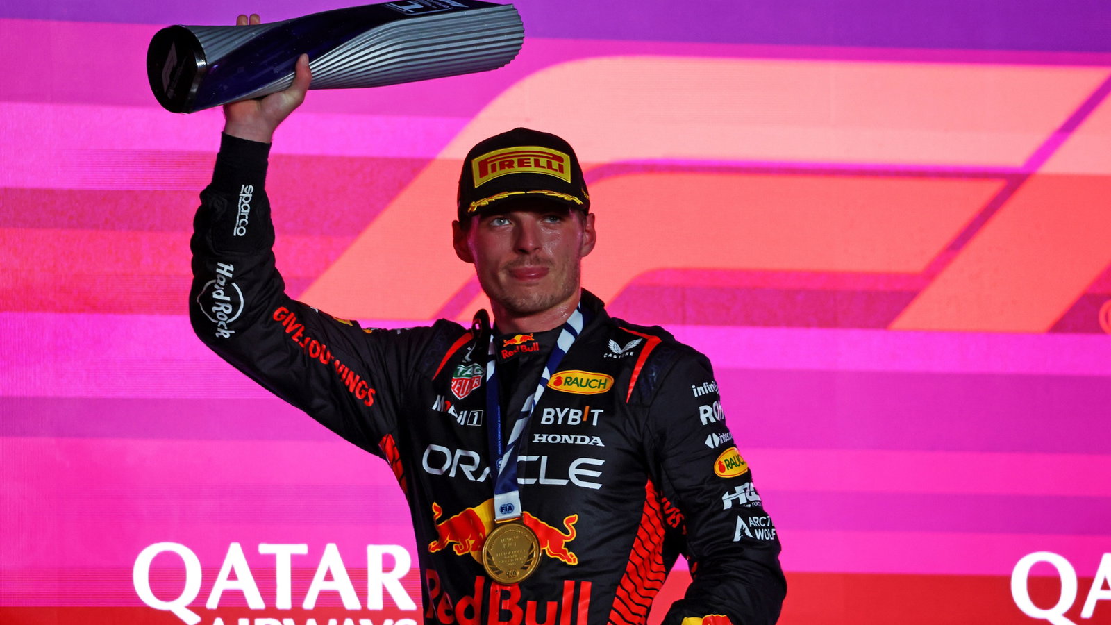 Race winner Max Verstappen (NLD) Red Bull Racing celebrates on the podium. Formula 1 World Championship, Rd 18, Qatar