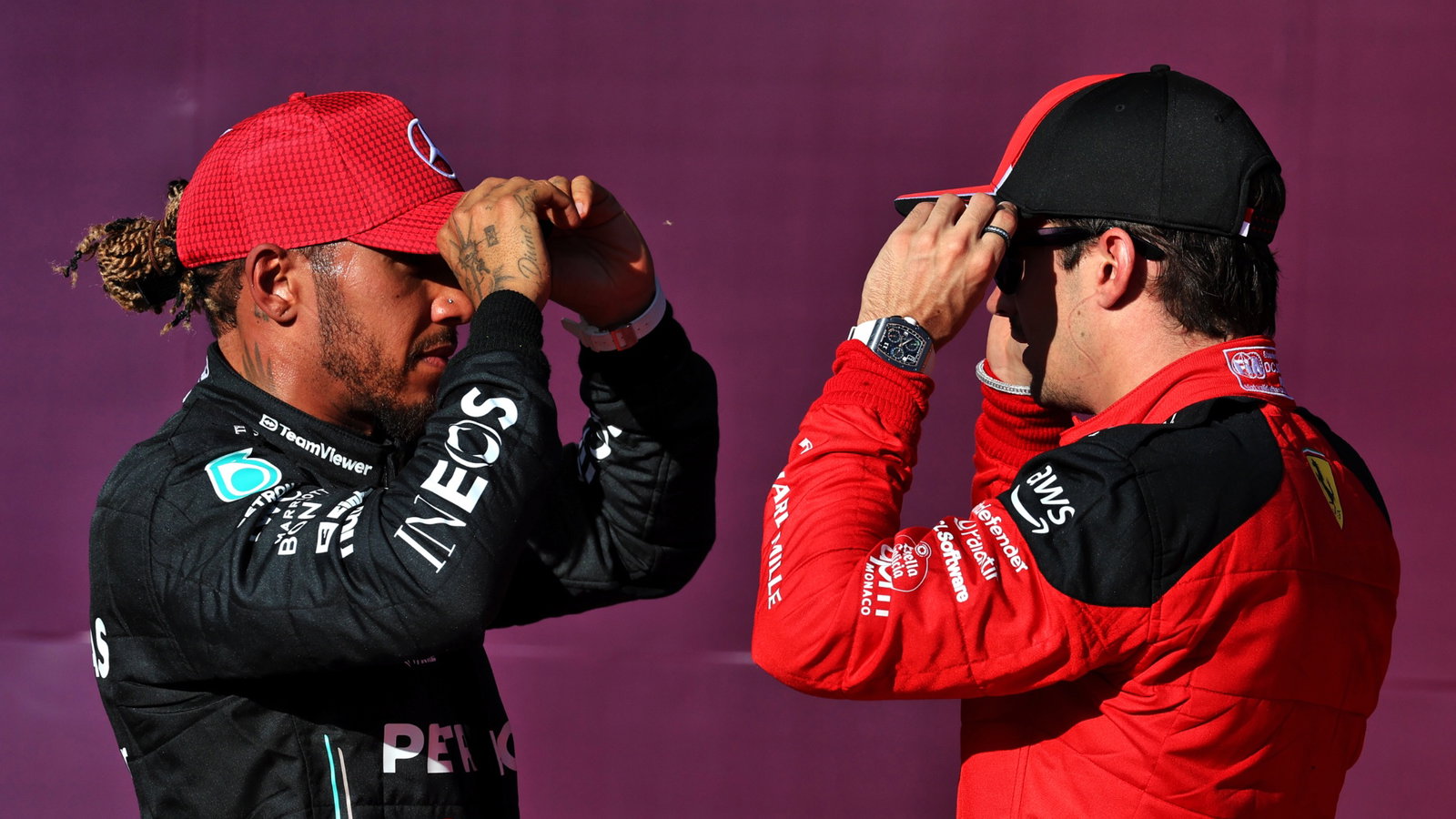 (L to R): third placed Lewis Hamilton (GBR) Mercedes AMG F1 in qualifying parc ferme with pole sitter Charles Leclerc (MON)
