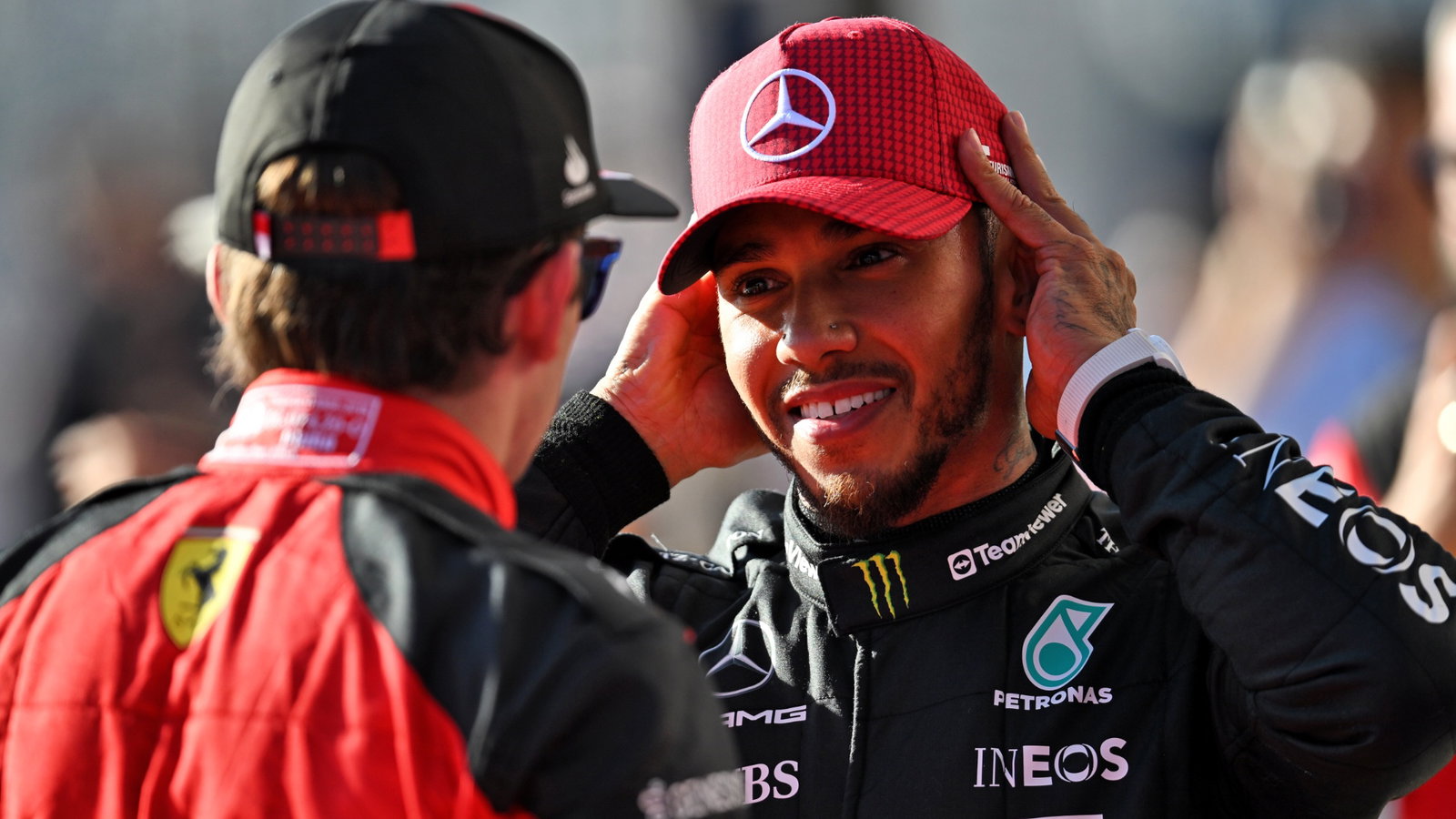 Lewis Hamilton (GBR) Mercedes AMG F1 with Charles Leclerc (MON) Ferrari in qualifying parc ferme. Formula 1 World