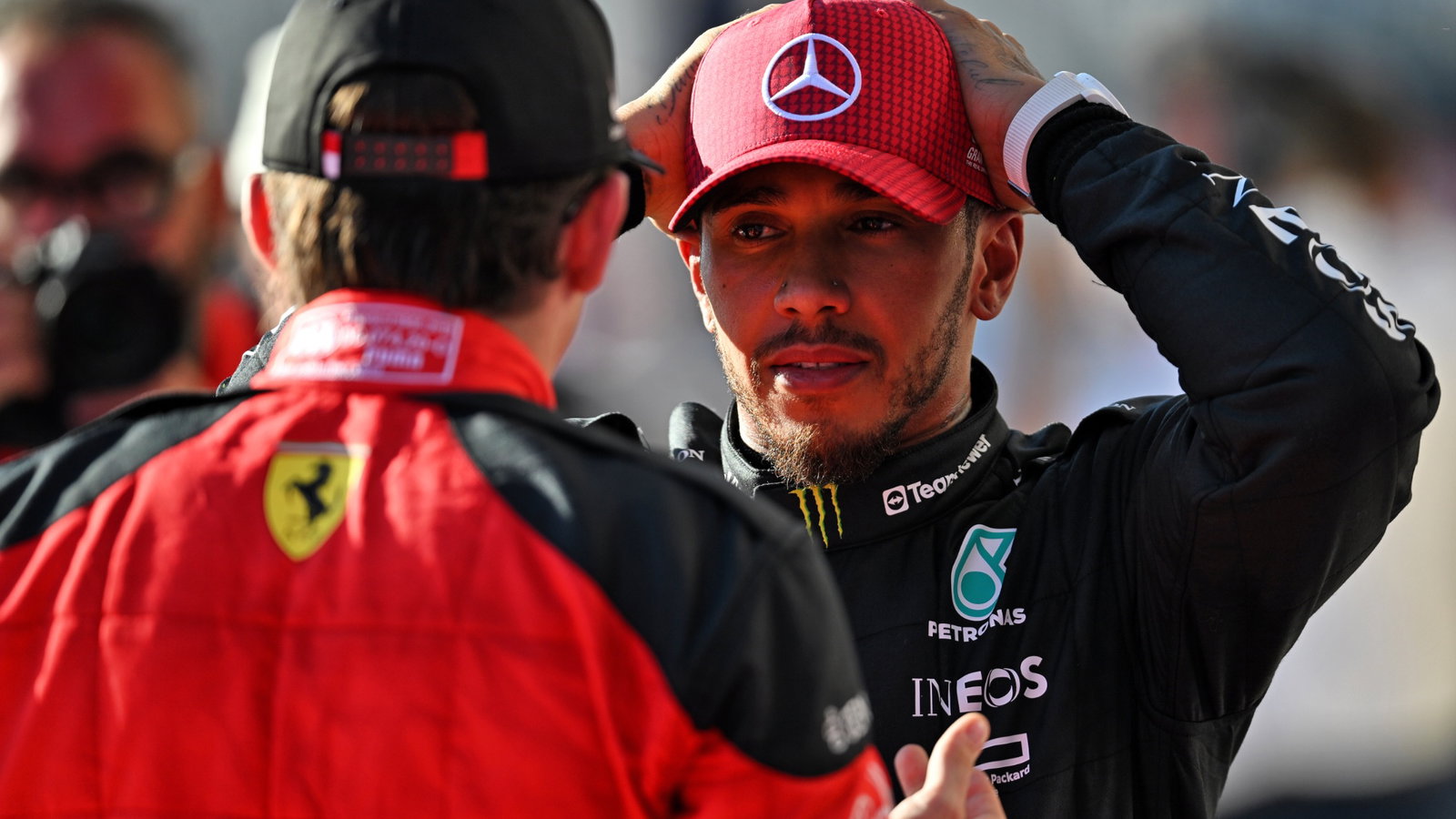 Lewis Hamilton (GBR) Mercedes AMG F1 with Charles Leclerc (MON) Ferrari in qualifying parc ferme. Formula 1 World