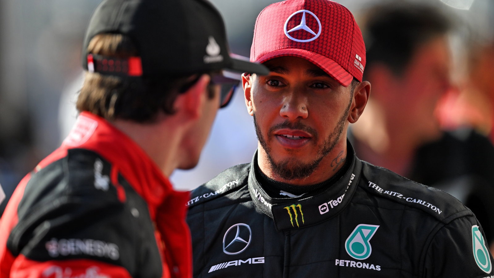 Lewis Hamilton (GBR) Mercedes AMG F1 with Charles Leclerc (MON) Ferrari in qualifying parc ferme. Formula 1 World