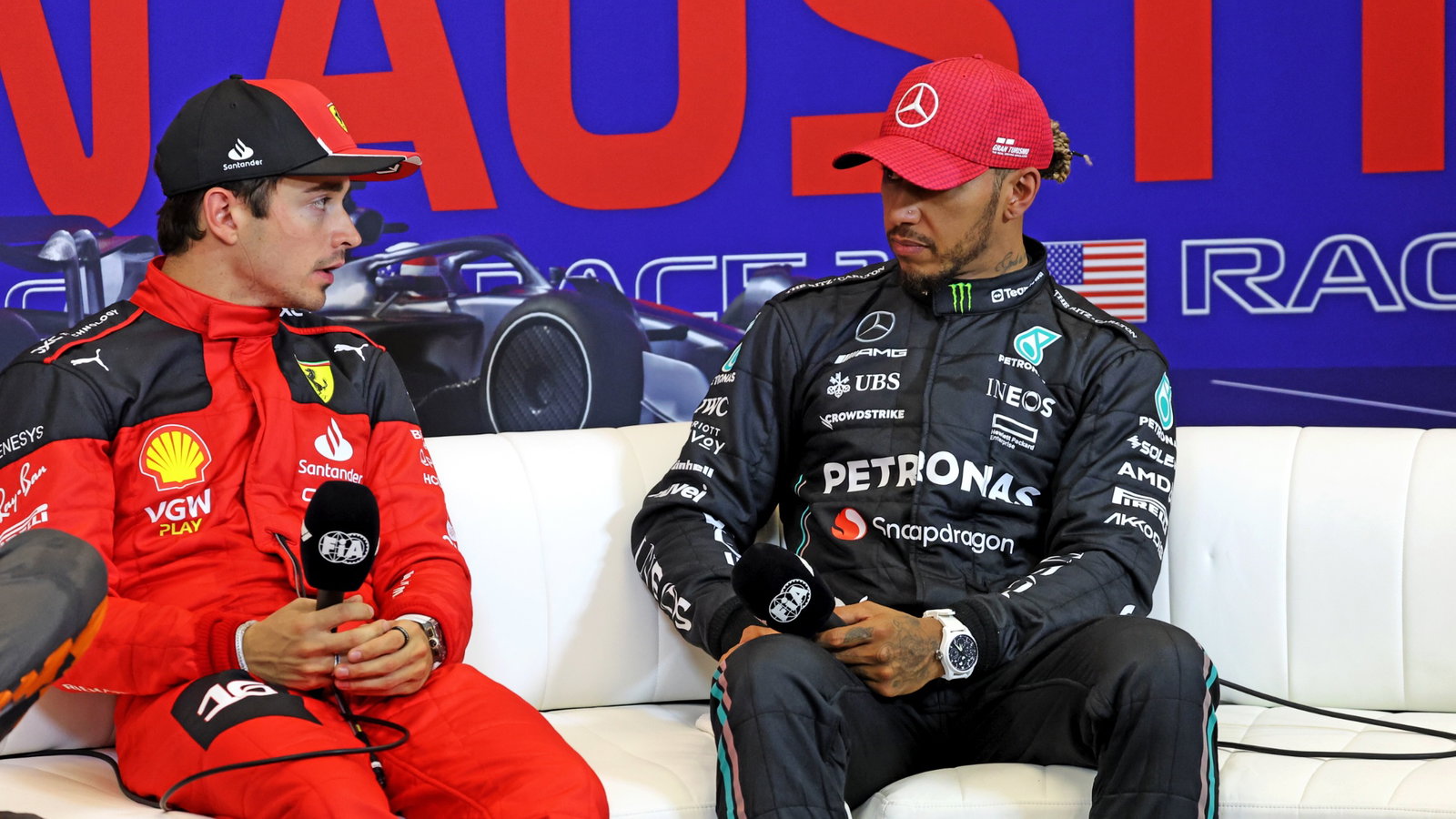 (L to R): Charles Leclerc (MON) Ferrari and Lewis Hamilton (GBR) Mercedes AMG F1, in the post qualifying FIA Press