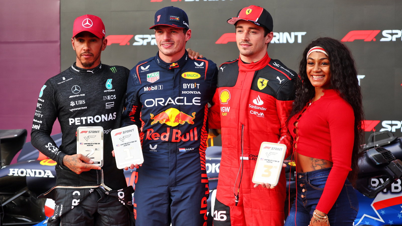 Sprint top three in parc ferme (L to R): Lewis Hamilton (GBR) Mercedes AMG F1, second; Max Verstappen (NLD) Red Bull Racing,